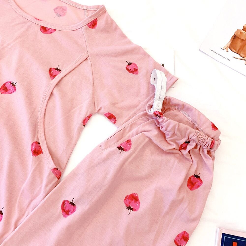 【B3230】 夏日 草莓 哺乳套裝 短袖 印花 孕婦睡衣 套裝 孕婦裝 哺乳裝 哺乳套裝 甜蜜草莓