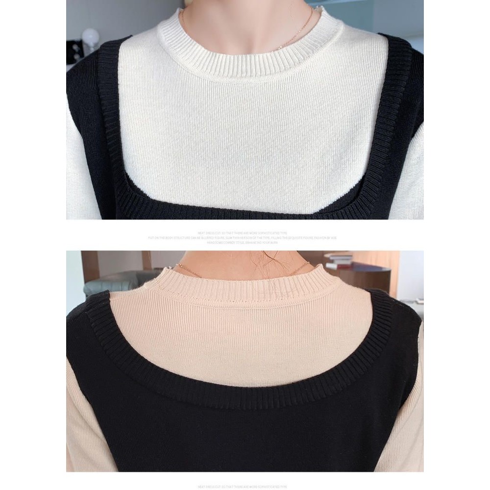 【D0351】 冬日 實拍 韓系 毛衣洋裝 假兩件 拼接 背心裙 造型 長袖 針織洋裝 針織裙