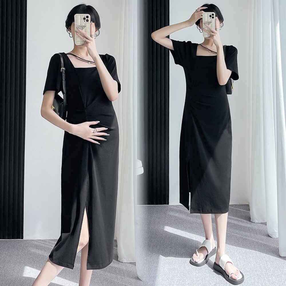 D1229-【D1229】 夏日 韓系 純色 簡約 造型 方領  短袖 長裙 開叉 修身 中長洋裝 連身裙