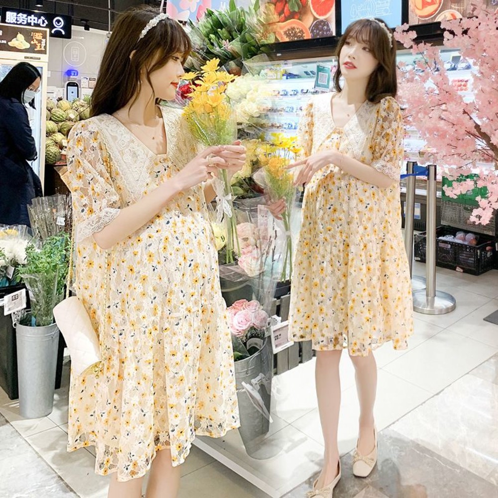 【D1870】 夏日 V領 日系 甜美 蕾絲 碎花 短袖 泡泡袖 印花 洋裝 連身裙 實拍 韓系 圖片