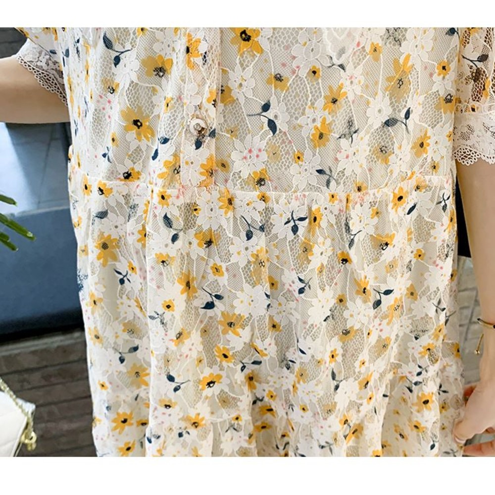 【D1870】 夏日 V領 日系 甜美 蕾絲 碎花 短袖 泡泡袖 印花 洋裝 連身裙 實拍 韓系 圖片