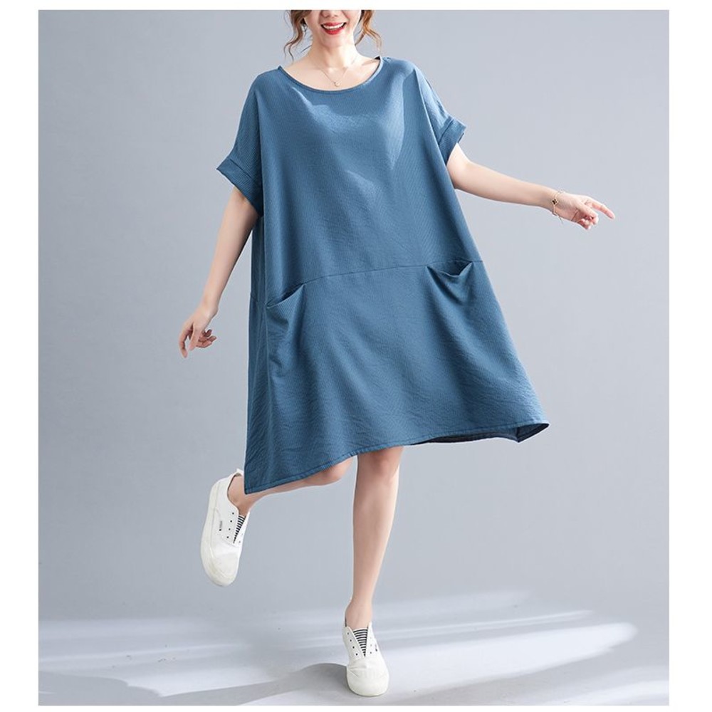 【 D2331】 夏日 短袖 A字裙 條紋 中大尺碼 寬鬆 口袋 洋裝 實拍 文藝
