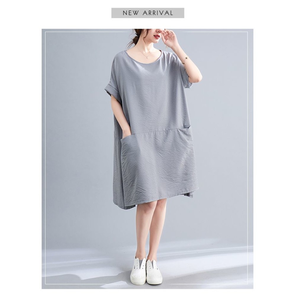 【 D2331】 夏日 短袖 A字裙 條紋 中大尺碼 寬鬆 口袋 洋裝 實拍 文藝