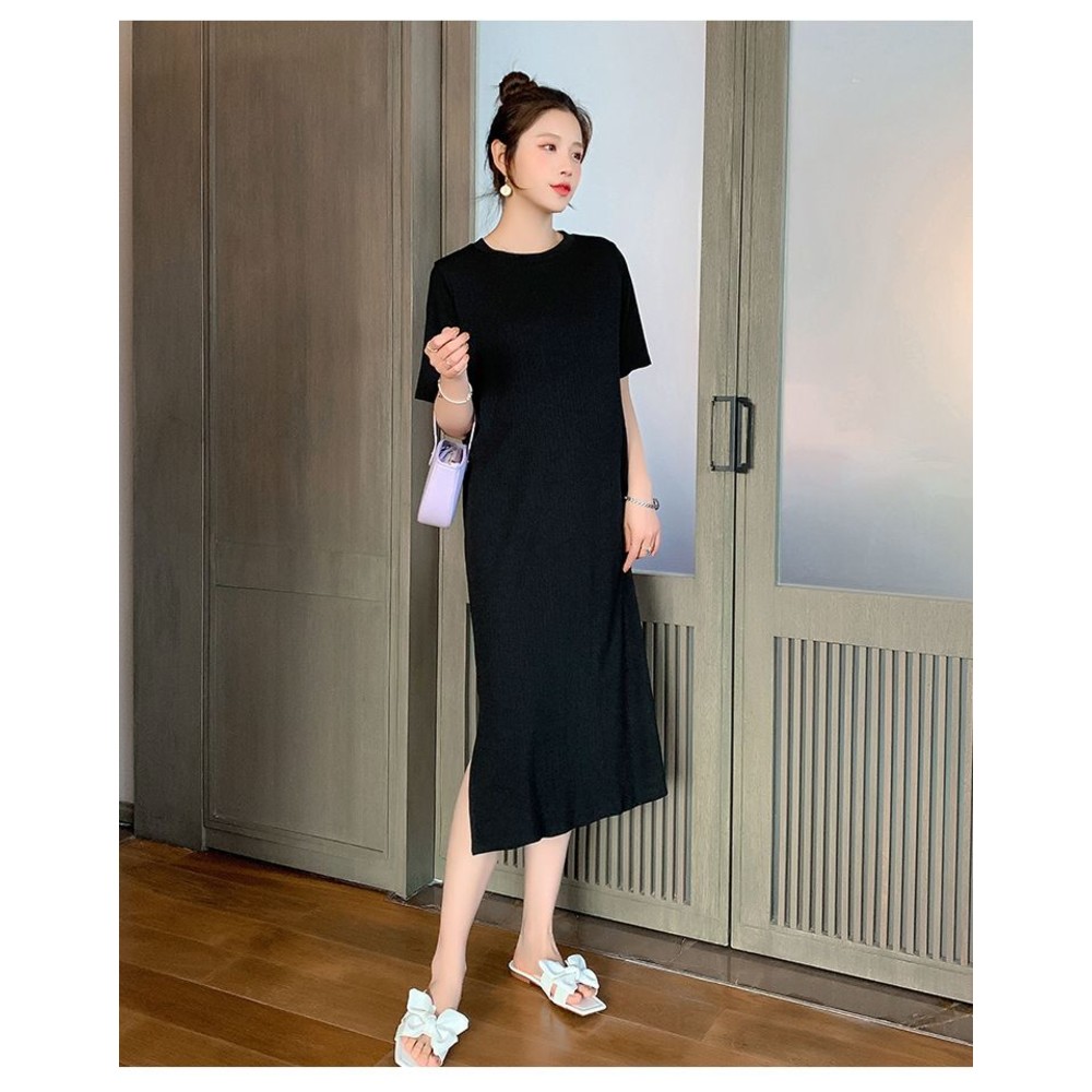 【D3271】 夏日 韓系 純色 坑條 針織棉 長裙 開叉 修身 長洋裝 連身裙