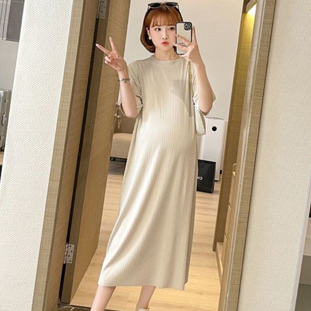 D3271-【D3271】 夏日 韓系 純色 坑條 針織棉 長裙 開叉 修身 長洋裝 連身裙