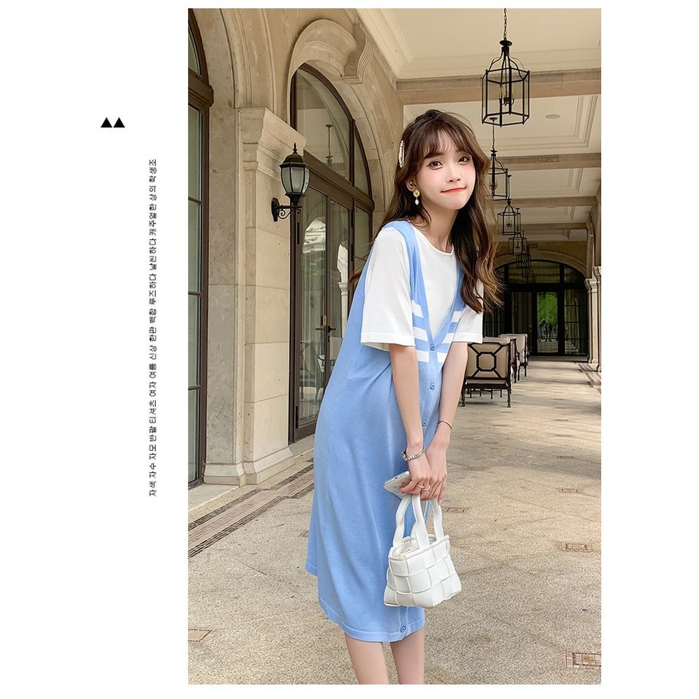 【D6191】 夏日 韓系 假兩件 短袖 拼接 V領 背心裙  洋裝 修身 顯瘦 洋裝 孕婦洋裝 孕婦裝
