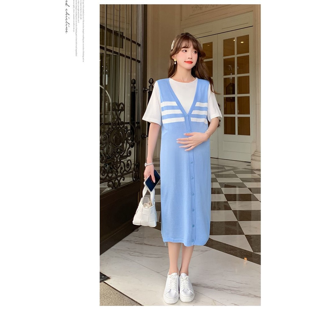 【D6191】 夏日 韓系 假兩件 短袖 拼接 V領 背心裙  洋裝 修身 顯瘦 洋裝 孕婦洋裝 孕婦裝