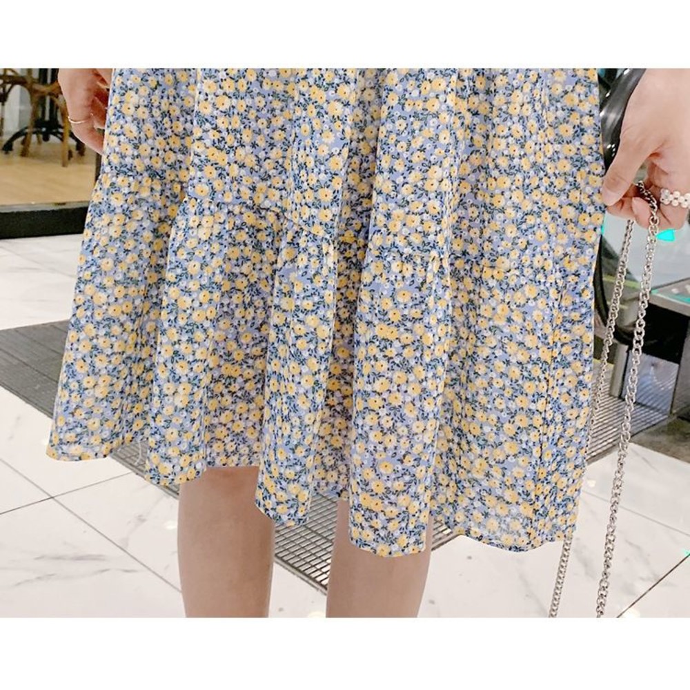 【D6388】 夏日 短袖 假兩件 雪紡 碎花 吊帶裙 拼接 短袖 背心洋裝 假二件 背心裙造型 洋裝 韓系 實拍