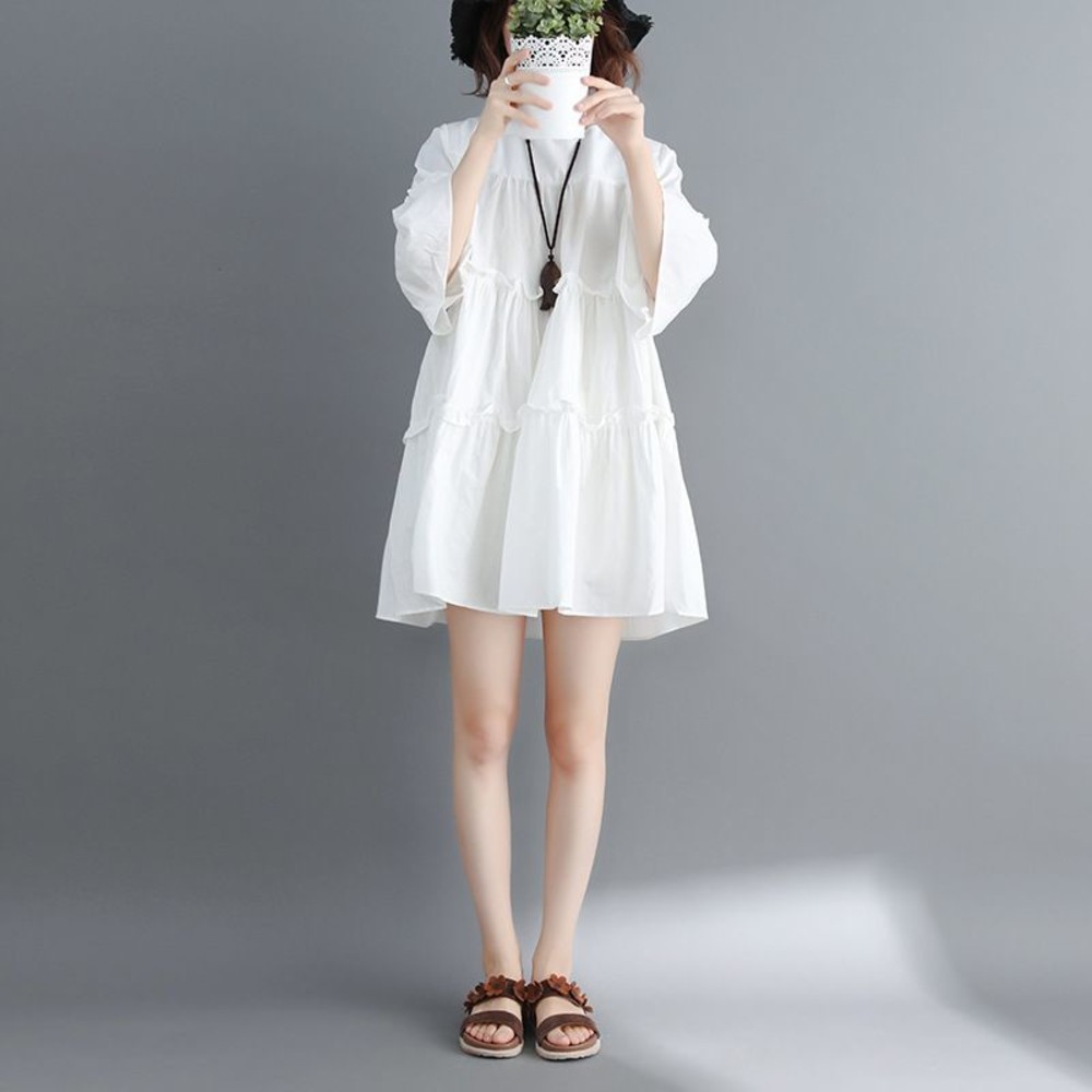 【D7570】 夏日 實拍 七分袖 文藝 中大尺碼 洋裝 長裙 中袖 純色 寬鬆 傘狀 喇叭袖 洋裝