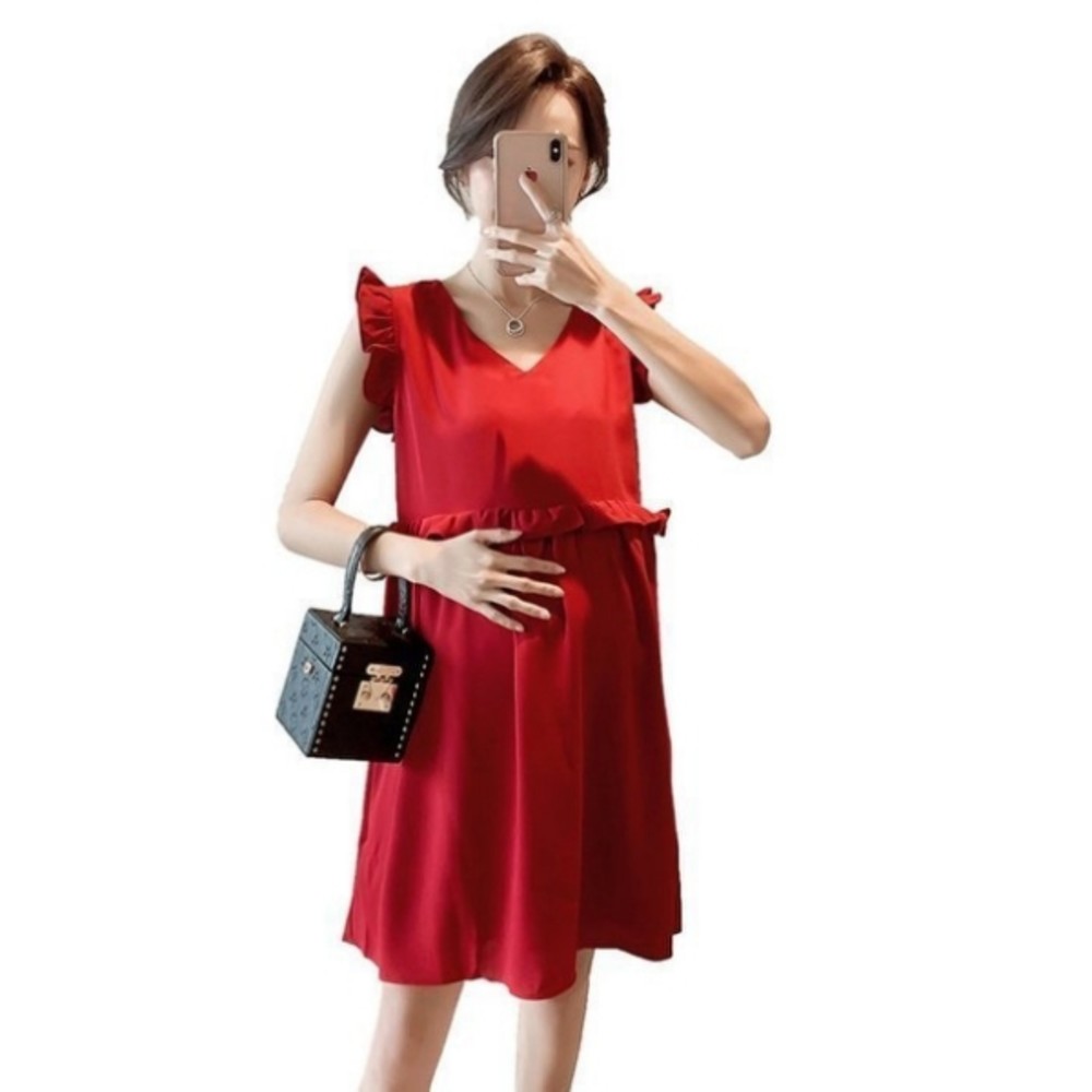 【D8131】 夏日 小香風荷葉洋裝 韓系 無袖 純色 飛袖 V領 孕婦裝 洋裝 實拍