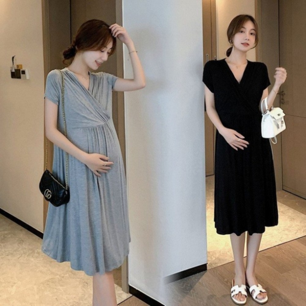 D8426-【D8426】 夏日 韓式 法式 優雅 V領 洋裝 純色 莫代爾 親膚 短袖 小洋裝 孕婦裝
