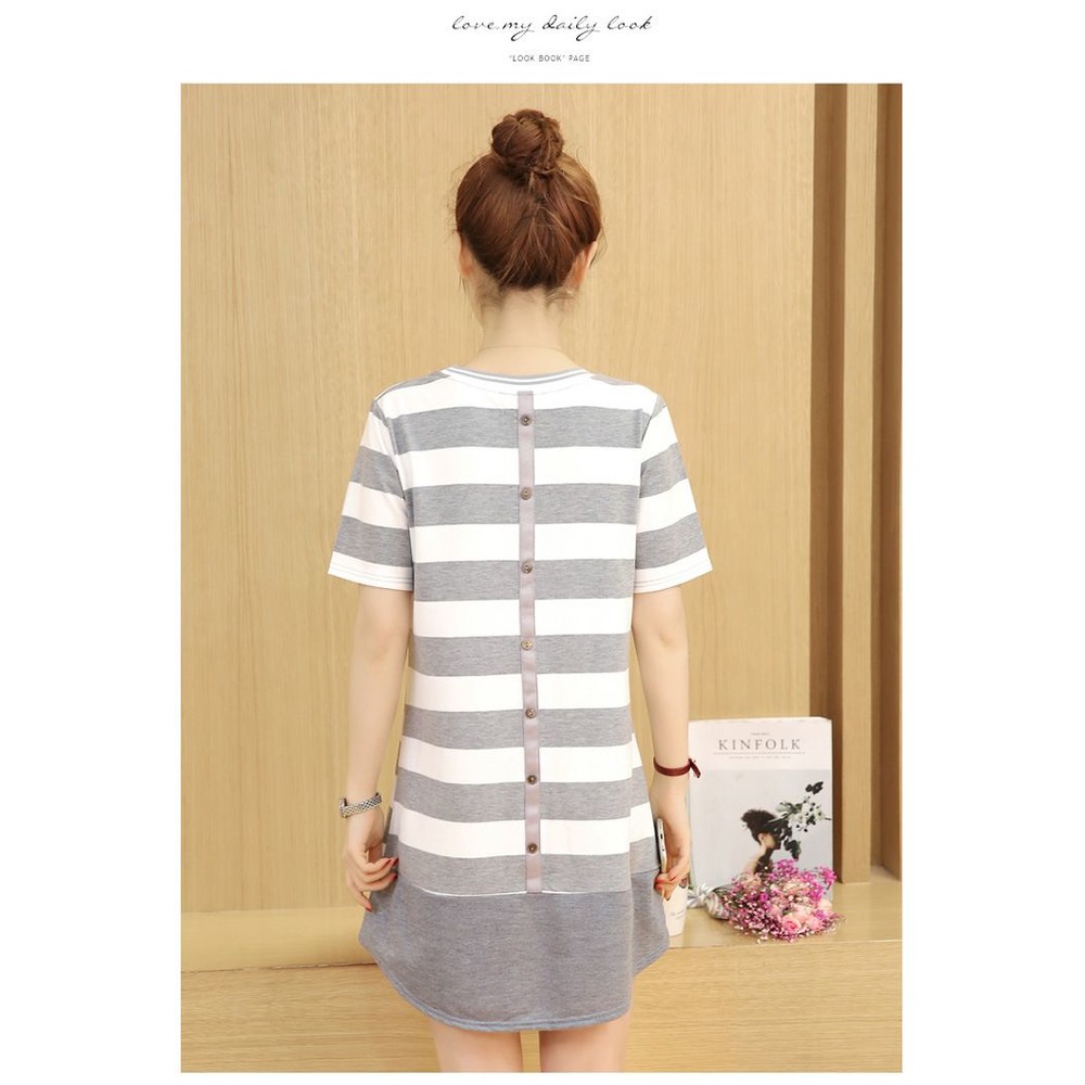 【DB1317】 夏日 韓系 條紋 微笑 長版衣 短袖 哺乳 長版上衣 洋裝 哺乳裝 圖片
